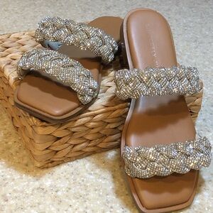Sincerely Jules Rhinestone-Embellished Double-Braided Glam Slide Sandals